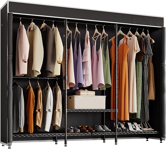H8 Garment Rack with Cover, Portable Closet for Hanging Clothes, Heavy Duty Clothes Rack Wardrobe Closet Organizer and Storage, Black Clothing Rack Shelf with Black Fabric Cover