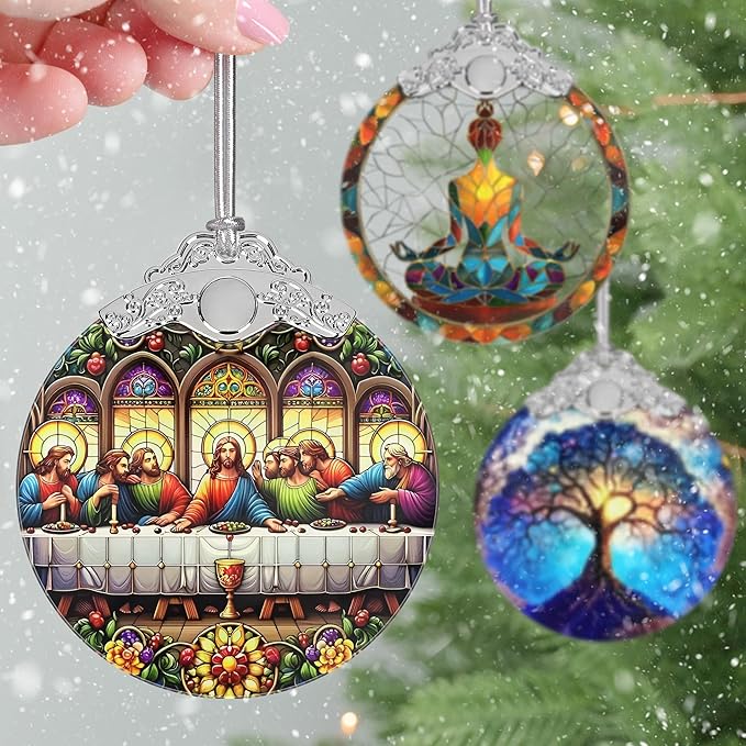 Last Supper Christmas Ornaments, 3" Stained Glass Christmas Decor, Christmas Tree Ornaments, Christmas Tree Decorations, Gift for Religious Believers, Perfect for Holiday Party, Tree, Home Decor