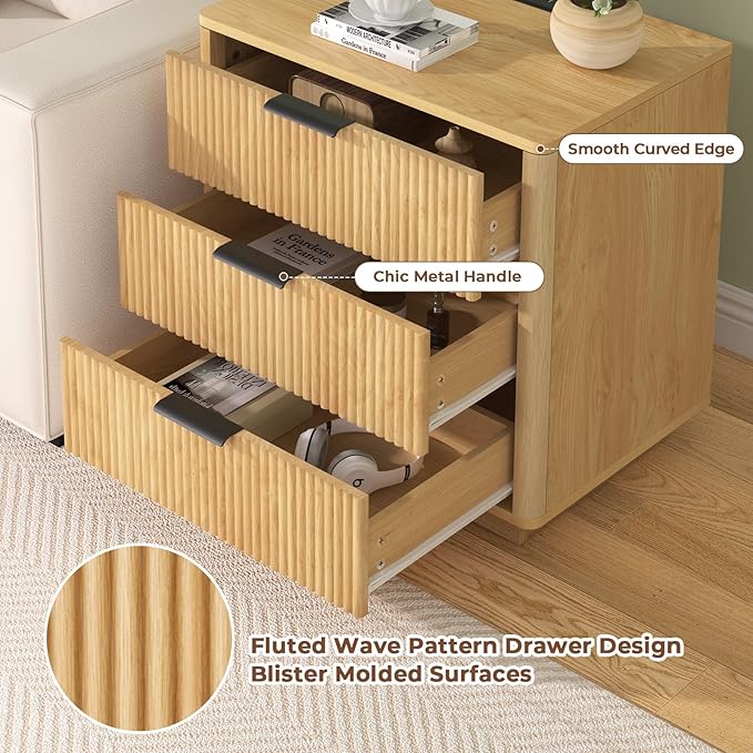 HOMMPA 24'' Fluted Nightstand with Charging Station, Modern Bedside Table with Storage, 3 Drawer End Table with Metal Handle, Wooden Bedside End Table for Bedroom, Living Room, Curved Profile Design