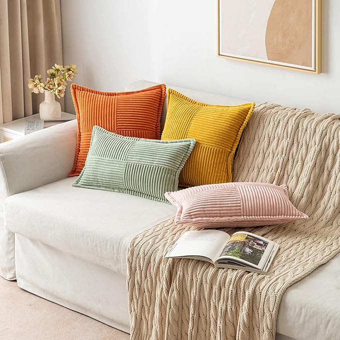 MIULEE Decorative Lumbar Throw Pillow Covers for Couch Bed Livingroom 12x20 Inch Set of 2 Sage Green Boho Accent Throw Pllows Broadside Striped Patchwork Soft Corduroy Pillowcases