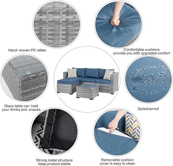 Shintenchi Patio Furniture Sets 3 Pieces Outdoor Sectional Sofa Silver All-Weather Rattan Wicker Sofa Small Patio Conversation Couch with Washable Cushion and Glass Table(Aegean Blue)
