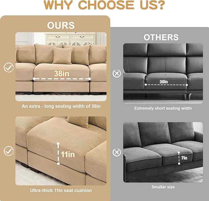 KEIKI 79" L-Shaped Oversized Corduroy Modular Cloud Sectional Sofa with 1 Ottoman, High-Density Foam Cushion, Extra-Thick Armrest, 3-Seater Fluffy Corner Couch with 10 Pillow, for Living Room, Camel