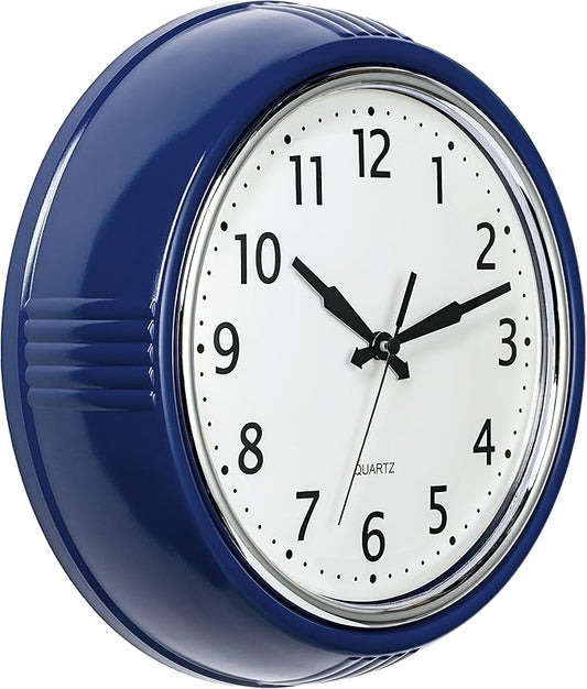 Bernhard Products Retro Wall Clock 9.5 Inch Navy Blue Kitchen 50's Vintage Design Round Silent Non Ticking Quality Quartz Battery Operated Easy to Read Decorative Clocks for Home Office Living Room