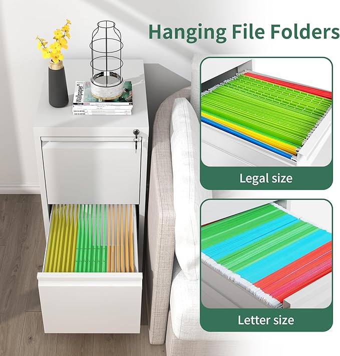 File Cabinet, Vertical File Cabinets with Lock for Home Office,Heavy Duty Office Steel Filing Cabinet for Hanging Letters/Legal/A4, Assembly Required (White, 2 Drawers)