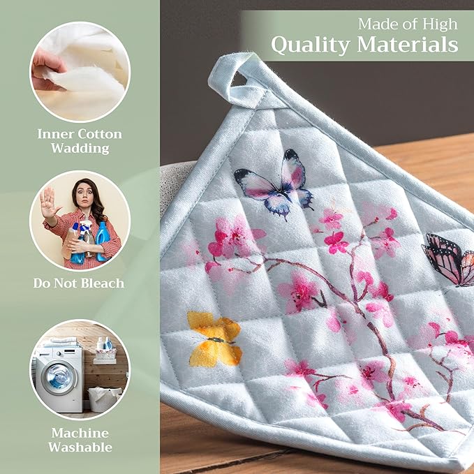Maison d' Hermine Pot Holders 100% Cotton Heat Resistant Potholders 8" x 8" Hot Pads with Loop BBQ, Cooking, Baking, Grilling, Kitchen, Handling Hot Pans Spring/Summer (Pack of 1, Blossoms in Spring)