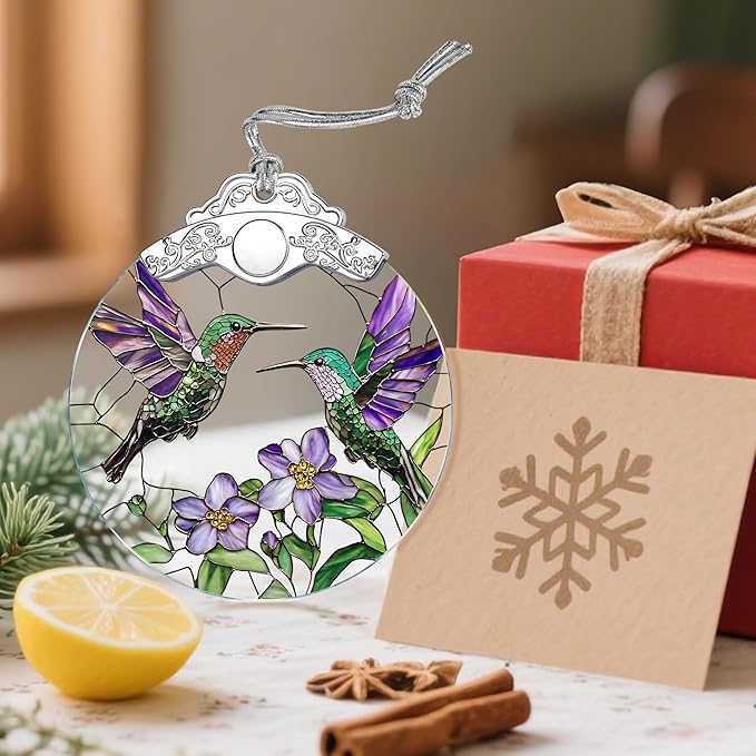 Hummingbird Stained Glass Ornament - Christmas Ornaments | Christmas Decorations for Tree | Holiday Ornament – Gifts for Hummingbird Lovers | Holiday Party Gifts | Gift Ideas & Xmas Gift