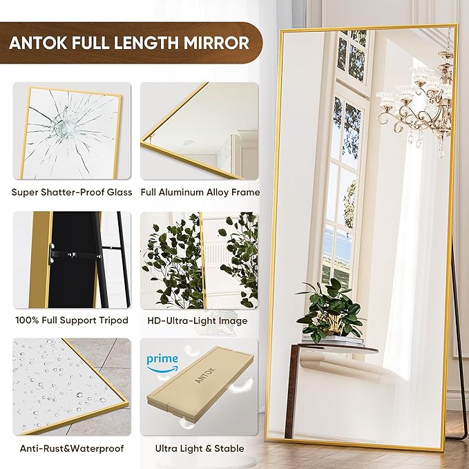 Antok Full Length Mirror, 71"x32" Floor Mirror with Stand, Hanging Mounted Mirrors for Bedroom, Living Room, Cloakroom, Dining Room, Gold, Rect
