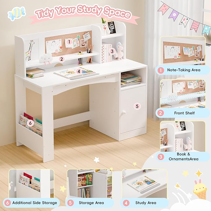 Kids Study Desk with Chair and Tiltable Desktop, Kids Stud Des and Chair Set with Hutch&Storage Cabinet, Wooden Children Study Table for 5-12 Years Old, Student Writing Desk for Bedroom (White)