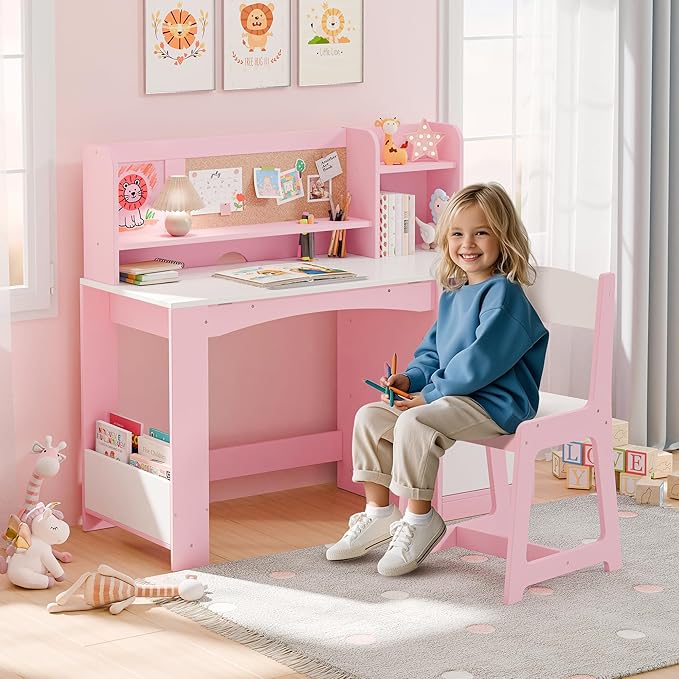 Kids Study Desk with Chair and Tiltable Desktop, Kids Stud Des and Chair Set with Hutch&Storage Cabinet, Wooden Children Study Table for 5-12 Years Old, Student Writing Desk for Bedroom (Pink)