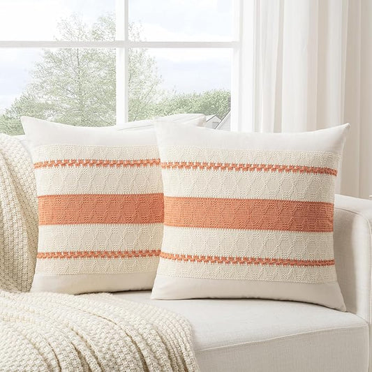 Fancy Homi Set of 2 Boho Coral Euro Decorative Throw Pillow Cover 26x26 Inch for Couch Bed Bedroom, Aesthetic Modern Organic Farmhouse Room Decor, Soft Cotton Accent Macrame Woven Cushion Case