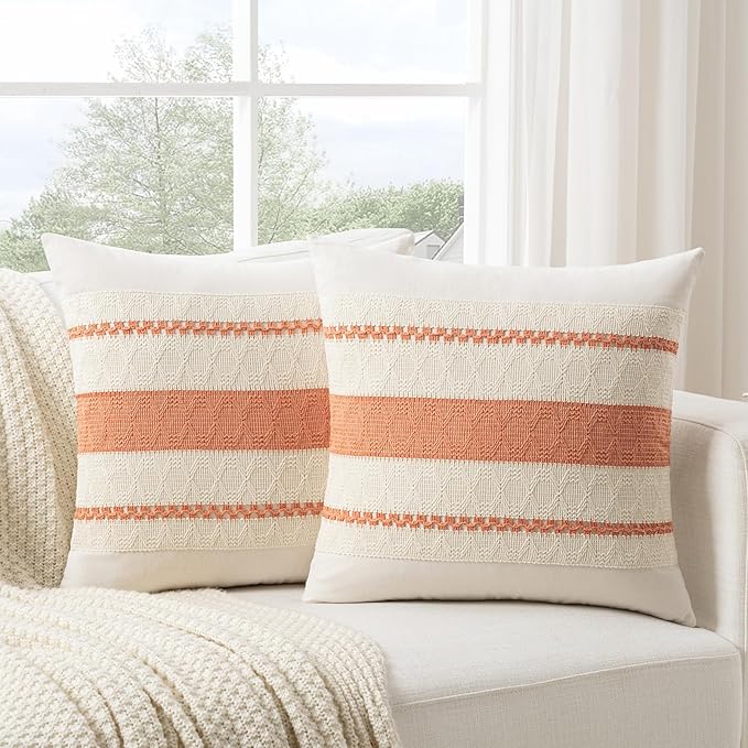 Fancy Homi Set of 2 Boho Coral Big Decorative Throw Pillow Cover 24x24 Inch for Couch Bed Bedroom, Aesthetic Modern Organic Farmhouse Room Decor, Soft Cotton Accent Macrame Woven Cushion Case