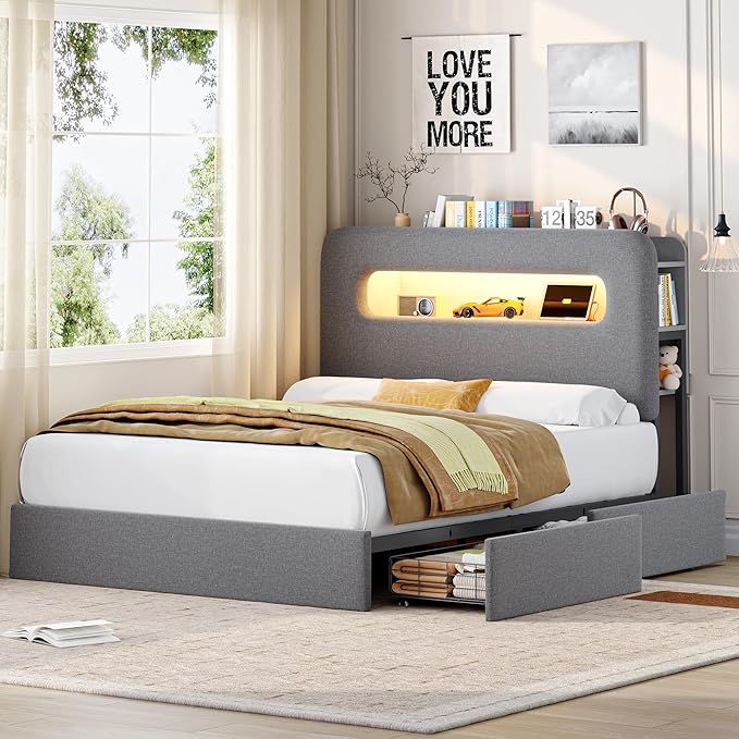 HOSTACK Full LED Bed Frame with Storage Headboard and Charging Station, Boys Bed Frame with 2 Drawers and USB Ports, Velvet Upholstered Platform Bed Frame with Bookcase, No Box Spring Needed, Grey