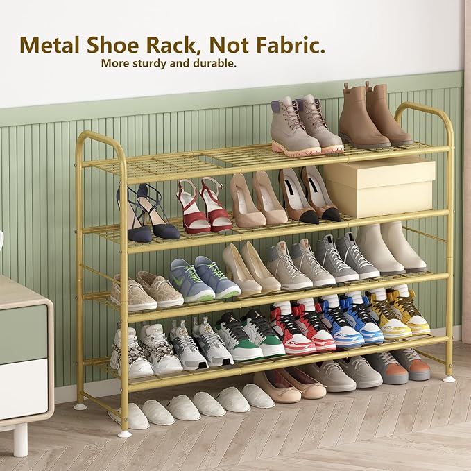 LINZINAR Shoe Rack 4 Tier Storage Organizer for Closet Entryway Metal Gold