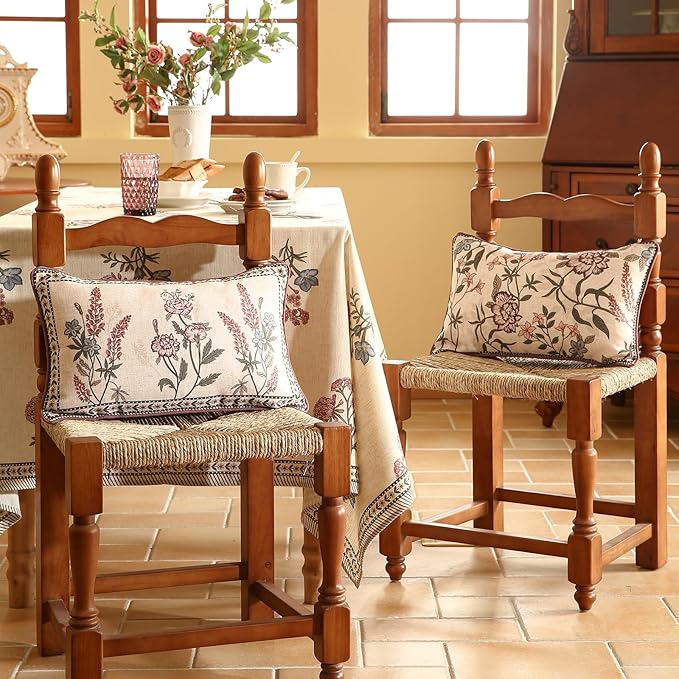 Design Linen Vintage Throw Pillow Covers 12"x20" Pack of 2, Rectangle Cushion Covers with Red Purple Flowers Green Leaves Pattern Decoration Pillowcases for Bed,Living Room,Outdoor,Car