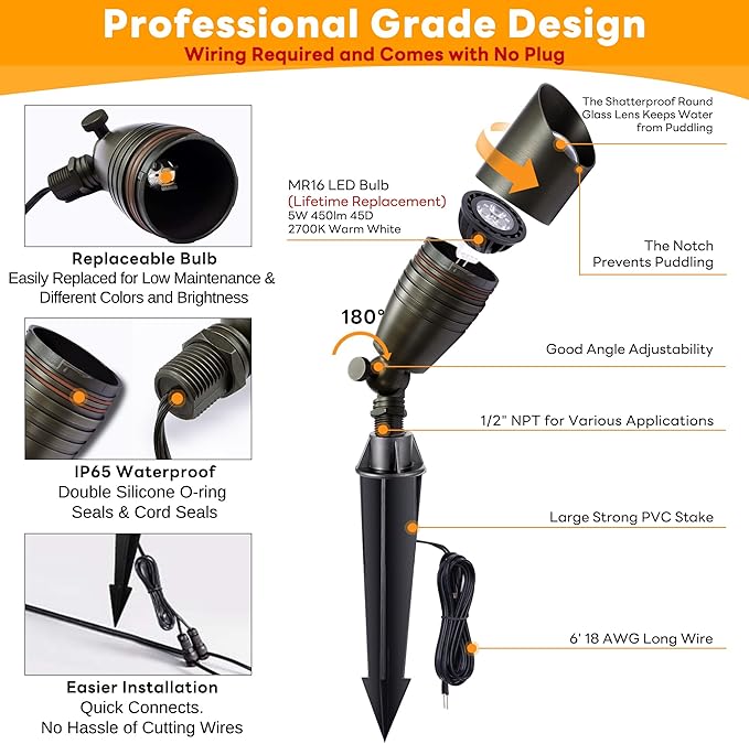 Low Voltage Spot Lights - Solid Brass Landscape Spotlight Wired, 12V Outdoor LED Bullet Uplights, Waterproof Electric Bronze for Patio Wall with 2700K Warm White MR16 Bulb (6 Pack)