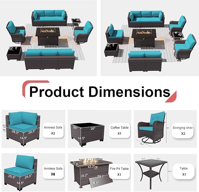Kurapika 11 Pieces Patio Furniture Set, Rattan Wicker Outdoor Conversation Sets w/43in Propane Fire Pit Table, Swivel Rocking Chairs Patio Sectional Sofa w/4 Inch Cushion, Blue