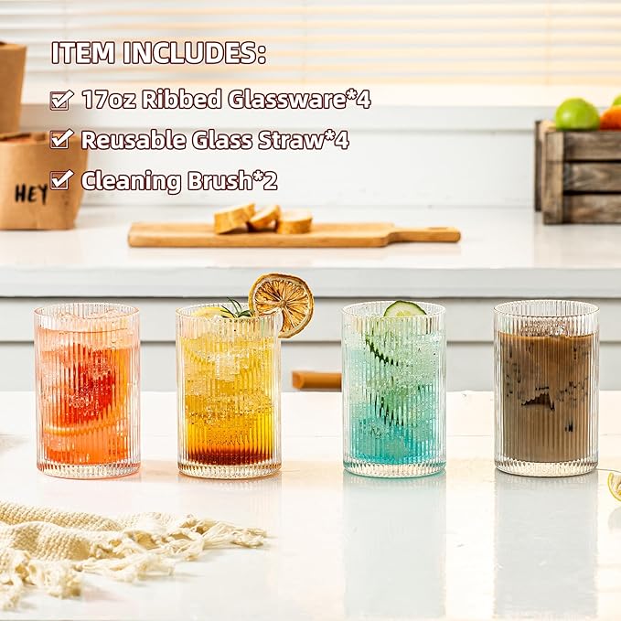 INSETLAN 17oz Ribbed Glassware Set of 4, Glass Cups Large Vintage Glassware Set, Origami Style Cocktail Glasses, Ideal for Beer, Juice, Water, Ice Coffee Cup, Whiskey