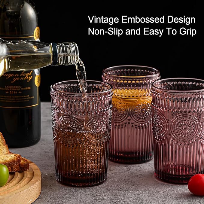 Vintage Glassware Drinking Glasses Set of 6,13 oz Purple Textured Flower Design Glass Water Tumblers，Embossed Striped Drinkware for Water,Cocktails,Juice,Iced Coffee