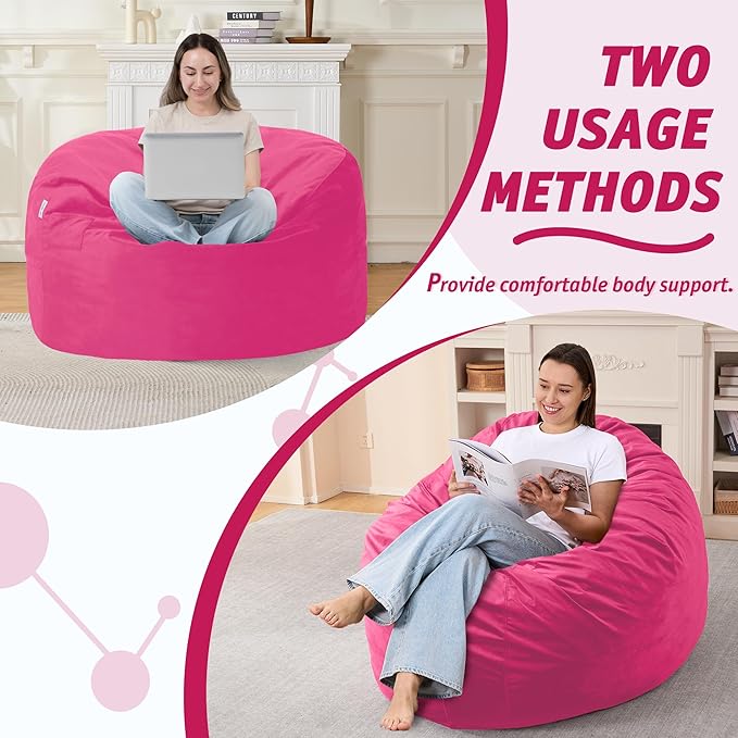 3FT Bean Bag Chair with Ultra Soft Velvet Cover Bean Bag Sofa with Memory Foam Bean Bag Chairs with Large Size Lazy Sofa for Dorm Office Living Room Bedroom Hot Pink 3'