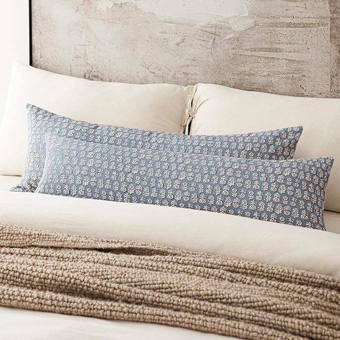 Foindtower Set of 2 Decorative Neutral Body Lumbar Throw Pillow Covers Vintage Accent Farmhouse Cushion Covers Floral Home Decor for Sofa Couch Chair Bedroom Living Room Outdoor,14×36 Inch,Dusty Blue