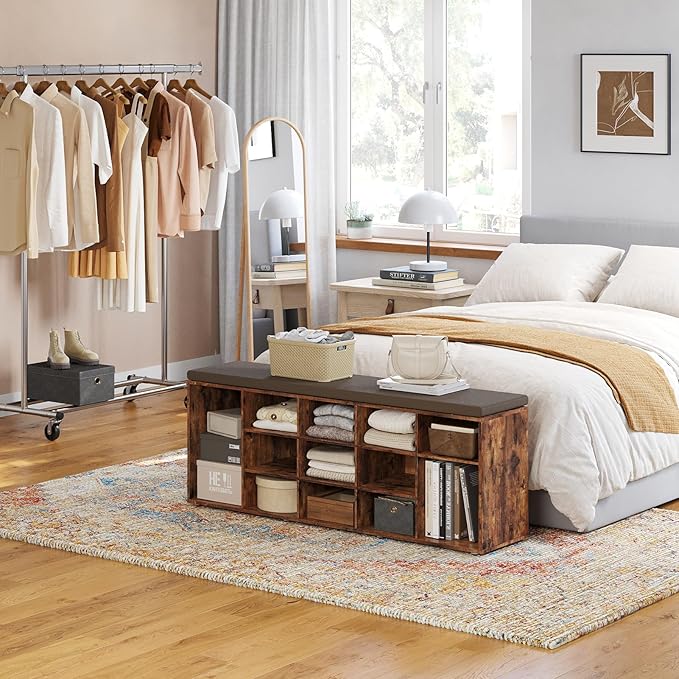 DINZI LVJ Shoe Storage Bench with Cushion, 15-Cubby Rack, Adjustable Shelves, Long Organizer Bench for Entryway, Mudroom, Hallway, Living Room, Bedroom and Garage, Rustic Brown