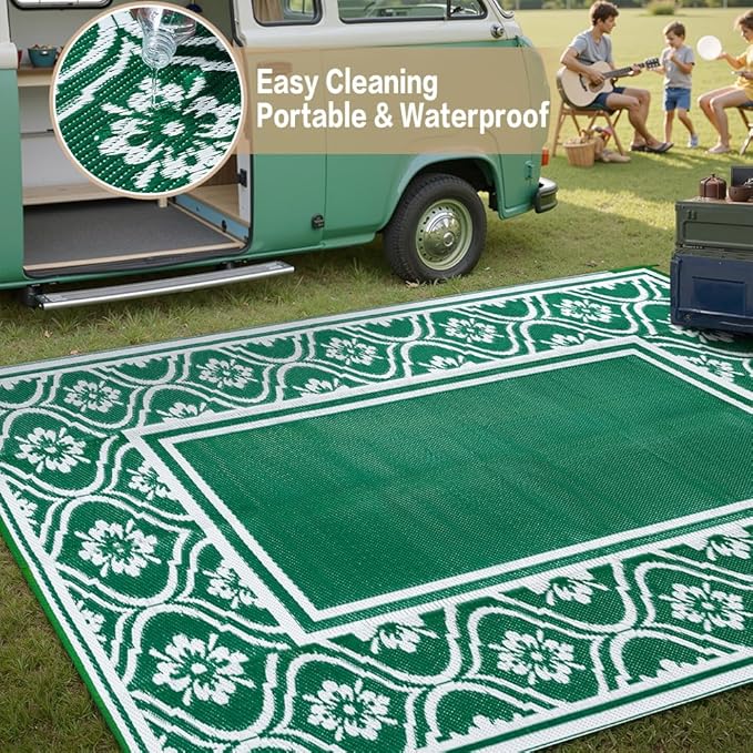 Plastic Outdoor Rug 6'x9' Waterproof Camping Carpet Outside Area Rug Reversible Green Rugs for RV Deck Entryance Porch Picnic Balcony Beach