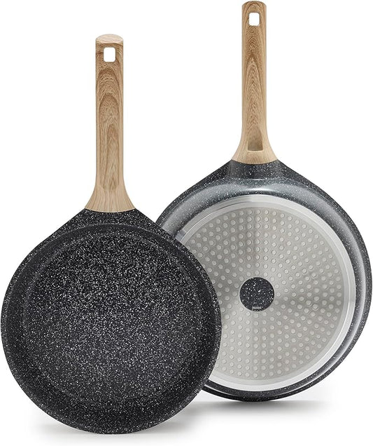 GreenLife Nonstick 2 Piece Frying Pan Set, 9.5" & 11" Skillets Ceramic PFAS-Free Nontoxic, Induction Suitable, Wood Print Handles, Stay-Cool Handles, Deep Cooking Skillets, Egg Pan, Granite Black