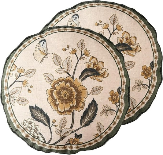 Design Linen Chinoiserie Round Throw Pillow Covers Diameter 16" Pack of 2, Farmhouse Cushion Covers with Yellow Floral Birds Pattern Decoration Pillowcases for Bed,Living Room,Outdoor,Car