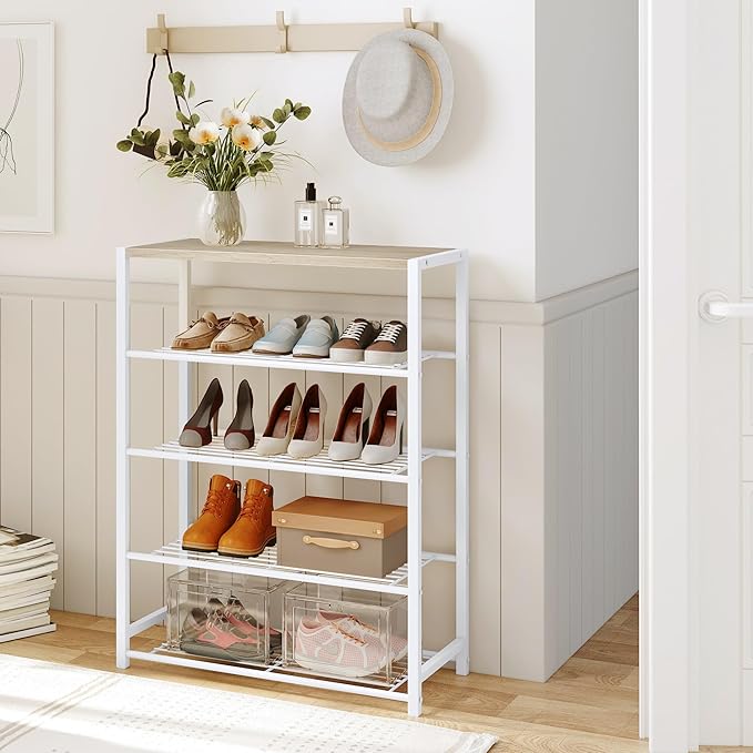 Yusong Shoe Rack Organizer, 5 Tier Industrial Shoe Storage Shelf, Narrow Sturdy Metal Shoe Shelves for Closet Entryway, White