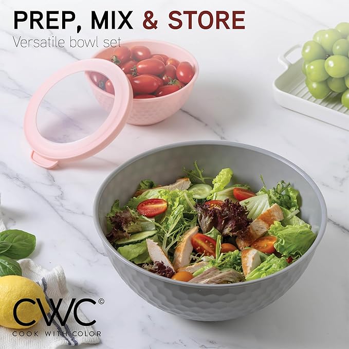 COOK WITH COLOR Mixing Bowls with Lids - 12 Piece Plastic Nesting Bowls Set includes 6 Prep Bowls and 6 Lids, Non Slip Bottom and Embossed Design - Microwave Safe (Pink)