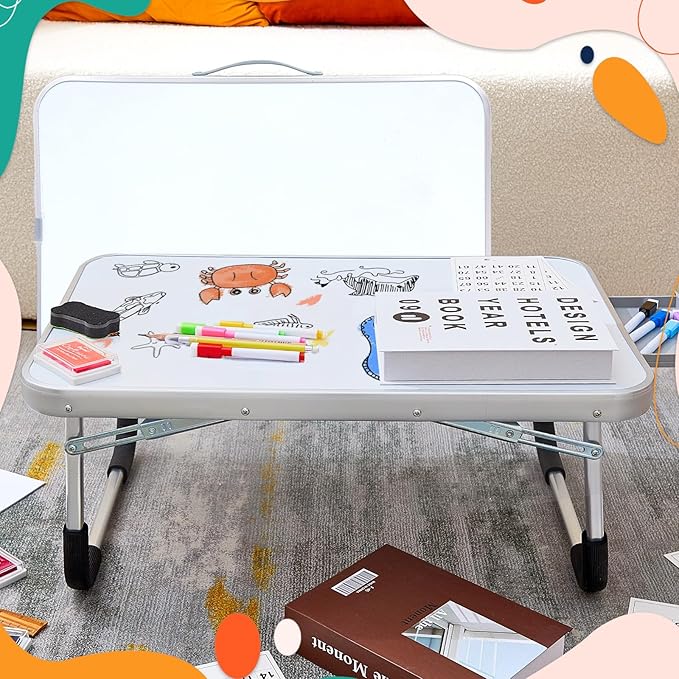 Suzile 1 Pc Kids Lap Desk with Dry Erase Board, 24" x 16" Foldable Study Tray with Drawer, Markers & Eraser, Portable Desk for Art, Homework, First Day & Back to School Supplies