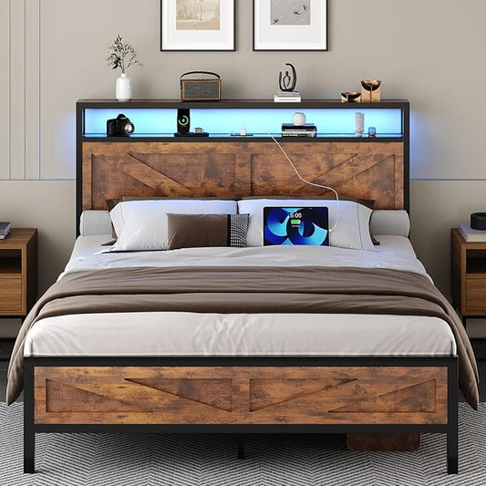 Full Size Bed Frame with LED Lights and Charging Station, Metal Platform Bed Frame Full with Storage and Rustic Barn Door Headboard, Noise Free, No Box Spring Needed, Easy Assembly, Rustic Brown