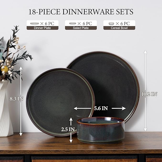 E-far Stoneware Dinnerware Sets, 18-Pieces Modern Plates and Bowls Sets, Kitchen Dinning Porcelain Dishes Set for 6, Chip & Scratch Resistant, Dishwasher & Microwave Safe, Blackish Green