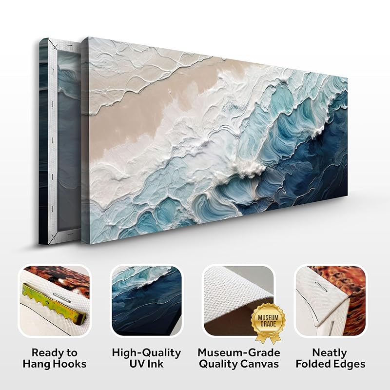 Tailored Canvases Crashing Coastal Waves Impasto Wall Art for Living Room, Abstract Seascape Canvas, Beach Paintings, Wave Artwork, Coastal Ocean Decor, Nautical Blue and White Accent Print 48x24