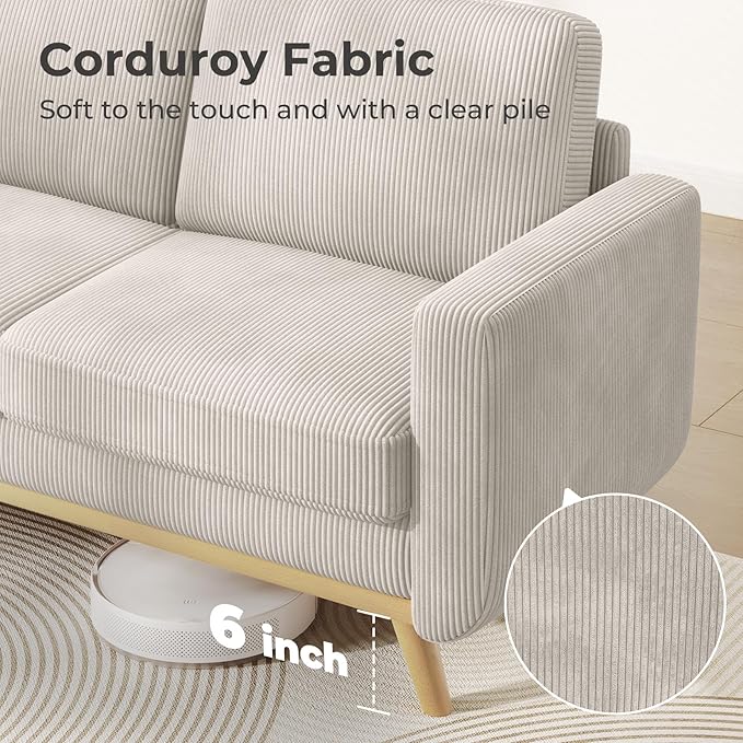 Vesgantti 68" Loveseat Sofa Light Grey, Comfy Corduroy Couch with Spring Cushion and Solid Wood, Modern Deep Seat for Bedroom, Living Room, Office