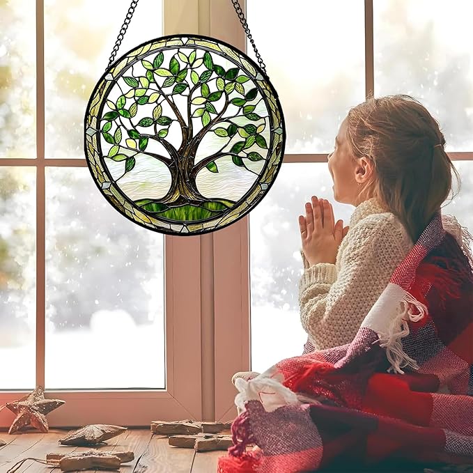 Stained Glass Window Hanging - Brown Tree Trunk Green Leaves Sun Catcher for Door Garden Home Decor Plant Suncatcher Christmas Mother's Day Birthday Gifts for Women Men Mom Nana 11.8 in