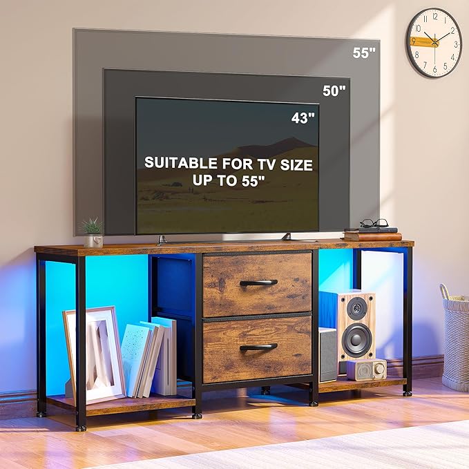 LED TV Stand Dresser for TVs up to 55 Inch, Entertainment Center with 2 Fabric Drawers and 2 Open Storage Shelves, Coffee Table Television Stands for Living Room, Bedroom, Wood Top, Rustic Brown