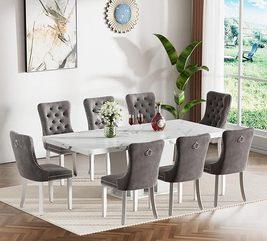 Goujxcy 9-Piece Extendable Dining Table Set for 6-8 People 63-78 Inch Kitchen Table Set with 8 Grey Upholstered Chairs Modern White Faux Marble Rectangular Dining Room Table Set for Kitchen Apartment