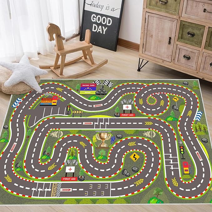 Kids Rug, Race Track Playmat Rugs 70×47 in Kids Carpet with Rubber Backing, Start and Finish line Racing Track Marking Car Road Race 3D Play Mat Nursery Rugs for Children Bedroom Playroom
