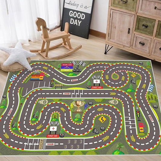 Kids Rug, Race Track Playmat Rugs 118×78 in Kids Carpet with Rubber Backing, Start and Finish line Racing Track Marking Car Road Race 3D Play Mat Nursery Rugs for Children Bedroom Playroom