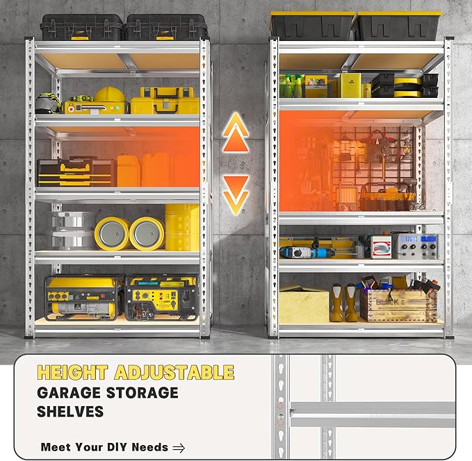 REIBII 2000LBS Storage Shelves 5 Tier Garage Shelving Heavy Duty Metal Shelving Adjustable Garage Shelves for Kitchen Pantry Basement 28" W x 13.8" D x 59.8" H, Silver