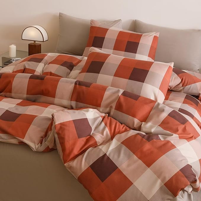 Orange Beige Checkered Comforter Set King Size Brown Plaid Bedding with Matching Pillows Modern Minimalist Bedroom Decor Soft & Breathable, King Size