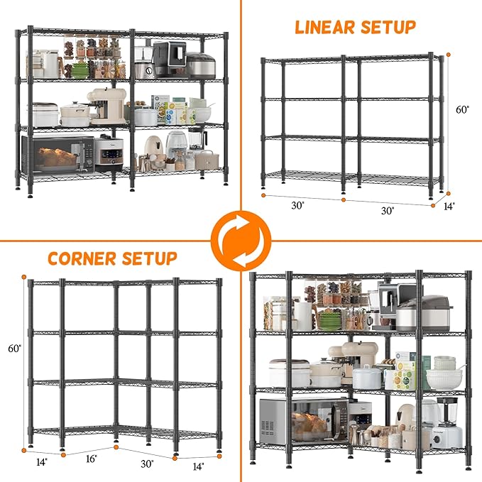 Homdox Heavy Duty Storage Shelves, 4 Tier Wire Shelving Unit, Adjustable Metal Shelves for Storage, Garage Rack Pantry Shelves Kitchen Shelving, 14"x60"x60", Black