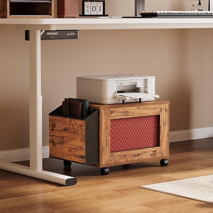 Rolling File Cabinet Cart,Under Desk Small Filing Cabine,Hanging File Organizer Box with Lid,Side Pocket for Letter/Legal Size, Wood Mobile Document Storage Basket for Home Office (Rustic Brown)