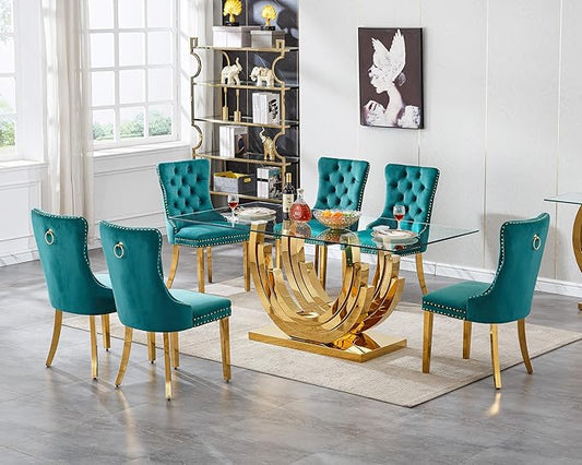 7 Piece Dining Table Set with 6 Green Dining Chairs, Modern Glass Kitchen Table and Chairs Set for 6, 70" Rectangle Gold Glass Pedestal Dining Room Tables with Ring-Shape Stainless Steel Base