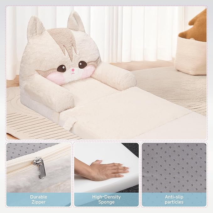 MONKISS Kids Couch, Comfy Toddler Chair, 2 in 1 Fold Out Kids Sofa to Lounger, Baby Sleeper Chair, Toddler Furniture, Birthday Gifts for Boys and Girls, 1~4 Years Old, Cute Cat