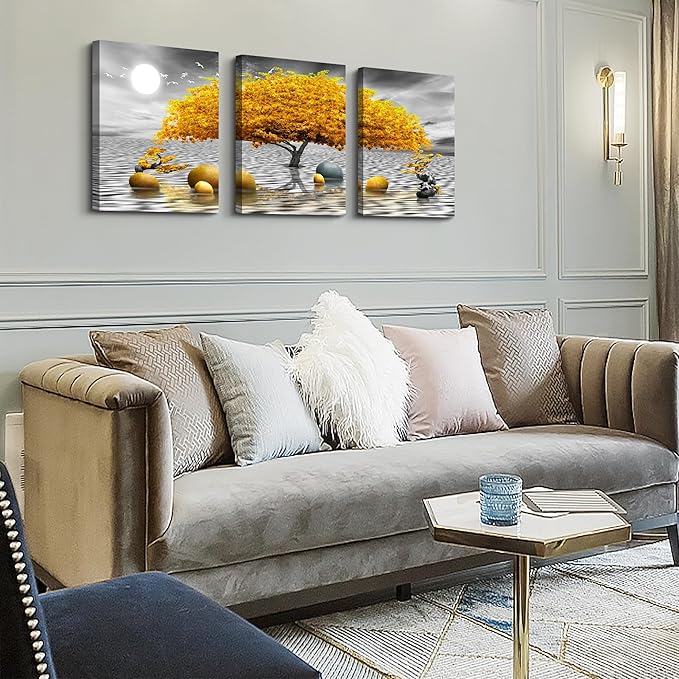 Wall decorations for living room Canvas Wall Art for bedroom Abstract wall decor Black and white Canvas Art Yellow tree paintings bathroom Home Decoration 3 Piece Hang Pictures Office Wall Artworks