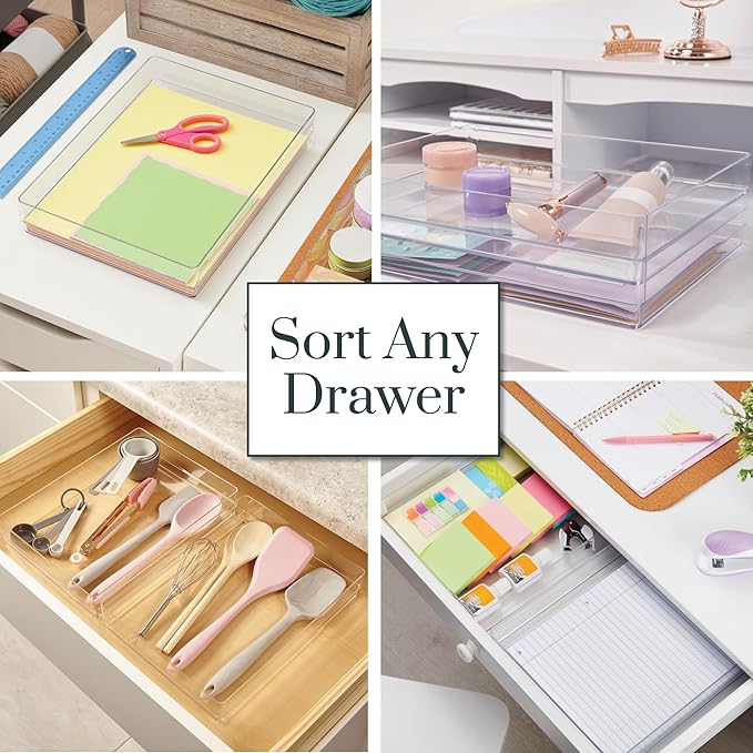 STORi SimpleSort 2-Piece Stackable Clear Drawer Organizer Set | 15" x 6" x 2" Rectangle Trays | Wide Makeup Vanity Storage Bins and Office Desk Drawer Dividers | Made in USA