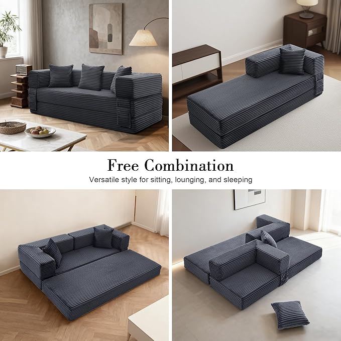 Sectional Boneless Couch Convertible Sofa Bed, 78'' Modular Sectional Sleeper Sofa with Removable Armrests & 3 Pillows, Small Floor Couch No Assembly Needed for Living Room, Office, Bedroom, Gray