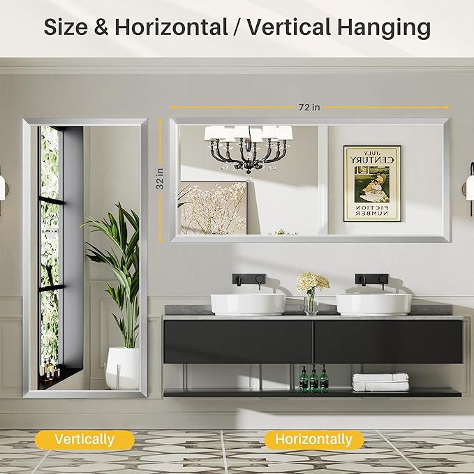 72x32 Inch Silver Bathroom Mirror for Wall, Thick Metal Framed Rectangle Mirrors for Over Sink, Bedroom, Living Room, Entryway, Anti-Rust, HD Tempered Glass